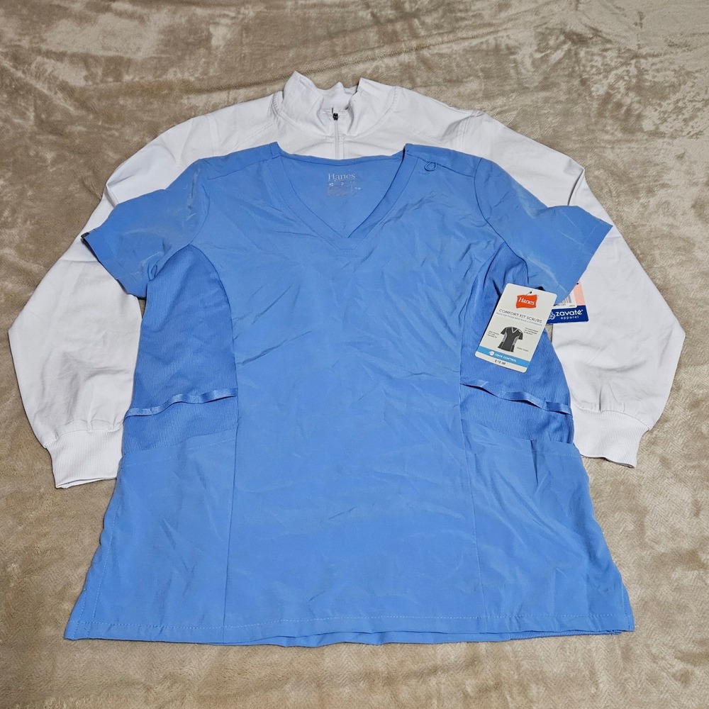Hanes Blue Scrub Top & Zavate White Zip Jacket Set Women Medium NWT